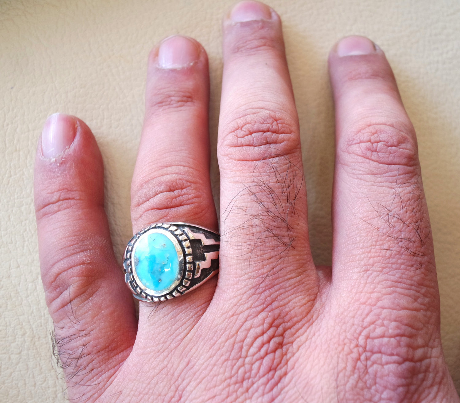 restructured natural turquoise oval blue stone sterling silver 925 man ring  any size  middle eastern ottoman style jewelry