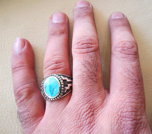 restructured natural turquoise oval blue stone sterling silver 925 man ring  any size  middle eastern ottoman style jewelry