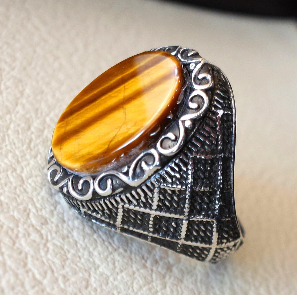 tiger eye semi precious natural flat stone men ring sterling silver 925 heavy  jewelry handmade arabic turkey ottoman style any size