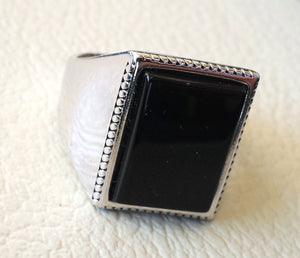 Rectangular silver onyx black aqeeq flat natural semi precious agate gemstone men ring sterling silver 925 jewelry all sizes fast shipping