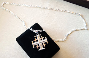 Jerusalem cross pendant two tone with heavy chain sterling silver 925 middle eastern jewelry christianity handmade heavy fast shipping