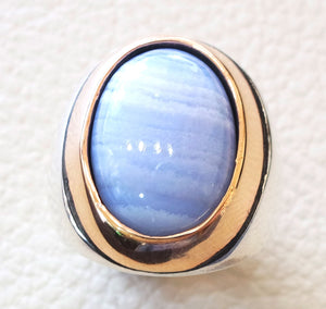blue lace agate natural stone silver 925 huge men ring arabic turkish ottoman antique style man jewelry oval cabochon in bronze frame