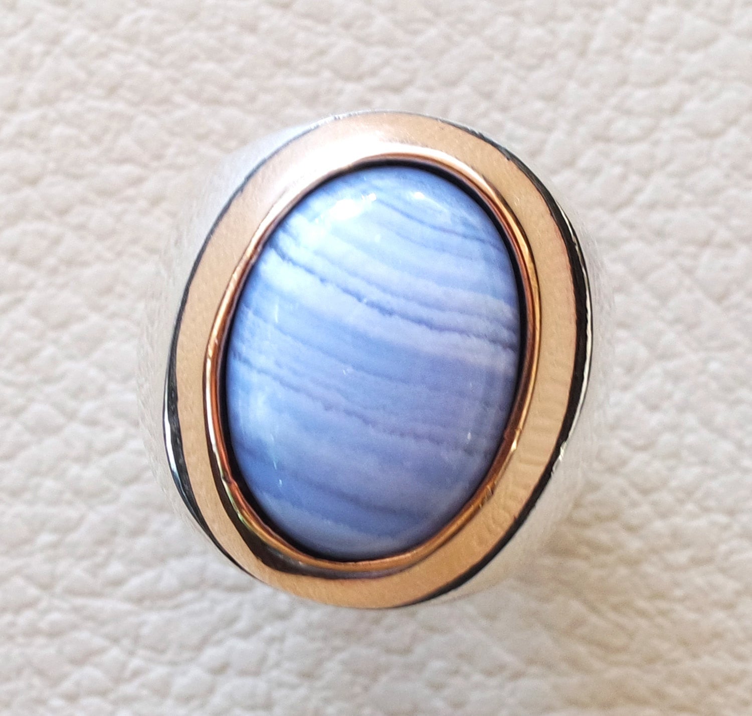 blue lace agate natural stone silver 925 huge men ring arabic turkish ottoman antique style man jewelry oval cabochon in bronze frame