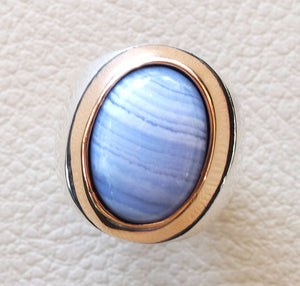 blue lace agate natural stone silver 925 huge men ring arabic turkish ottoman antique style man jewelry oval cabochon in bronze frame
