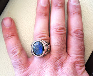 flashy blue labradorite heavy men ring sterling silver 925  natural stone all sizes jewelry fast shipping ottoman middle eastern style