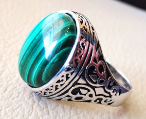 malachite big oval natural semi precious stone sterling silver man ring all sizes jewelry green cabochon antique middle eastern style