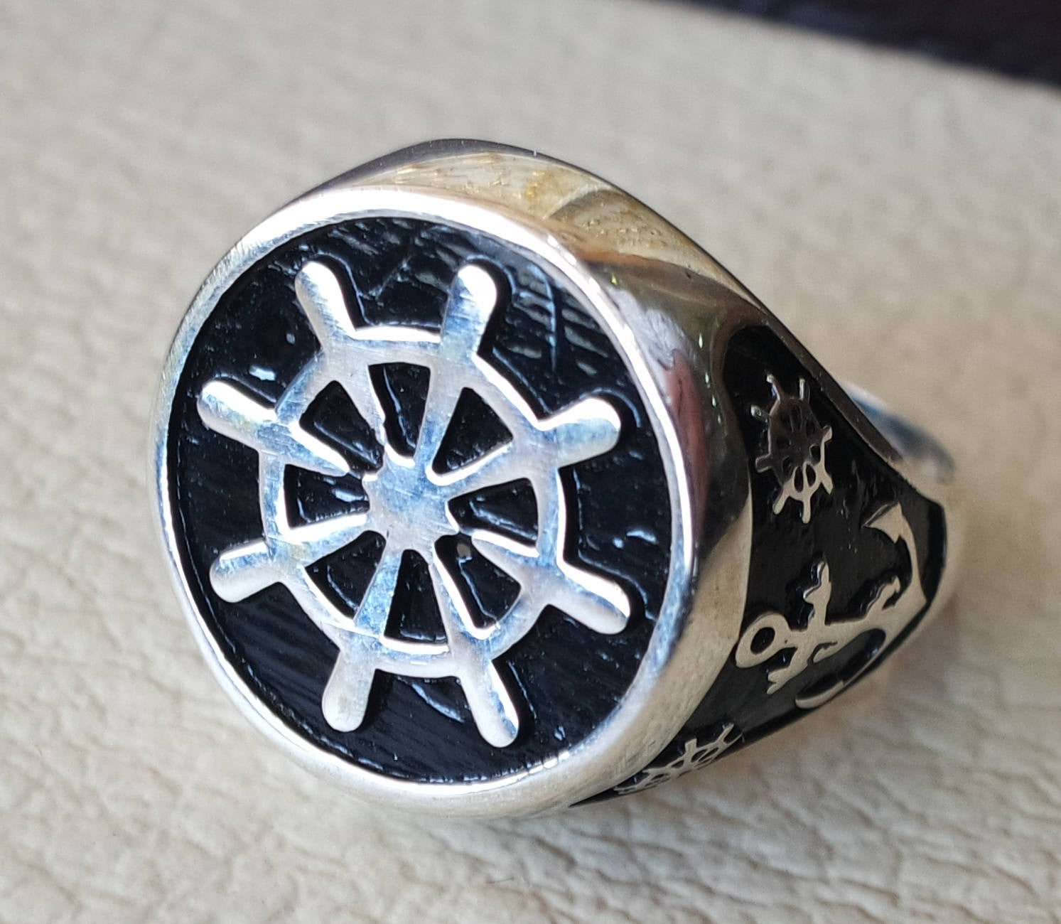 Ship wheel and anchor sailor fisherman  men ring heavy sterling silver 925 sea drahma symbol handmade all sizes jewelry fast shipping