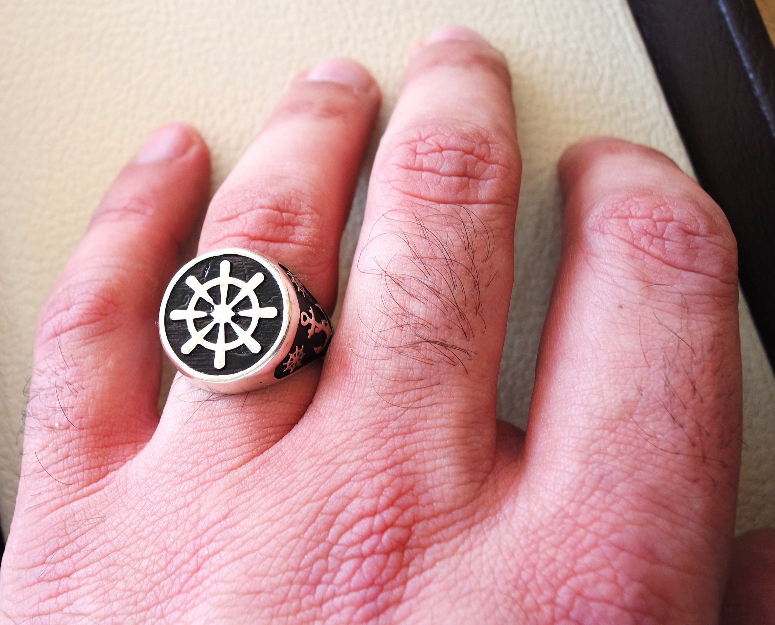 Ship wheel and anchor sailor fisherman  men ring heavy sterling silver 925 sea drahma symbol handmade all sizes jewelry fast shipping