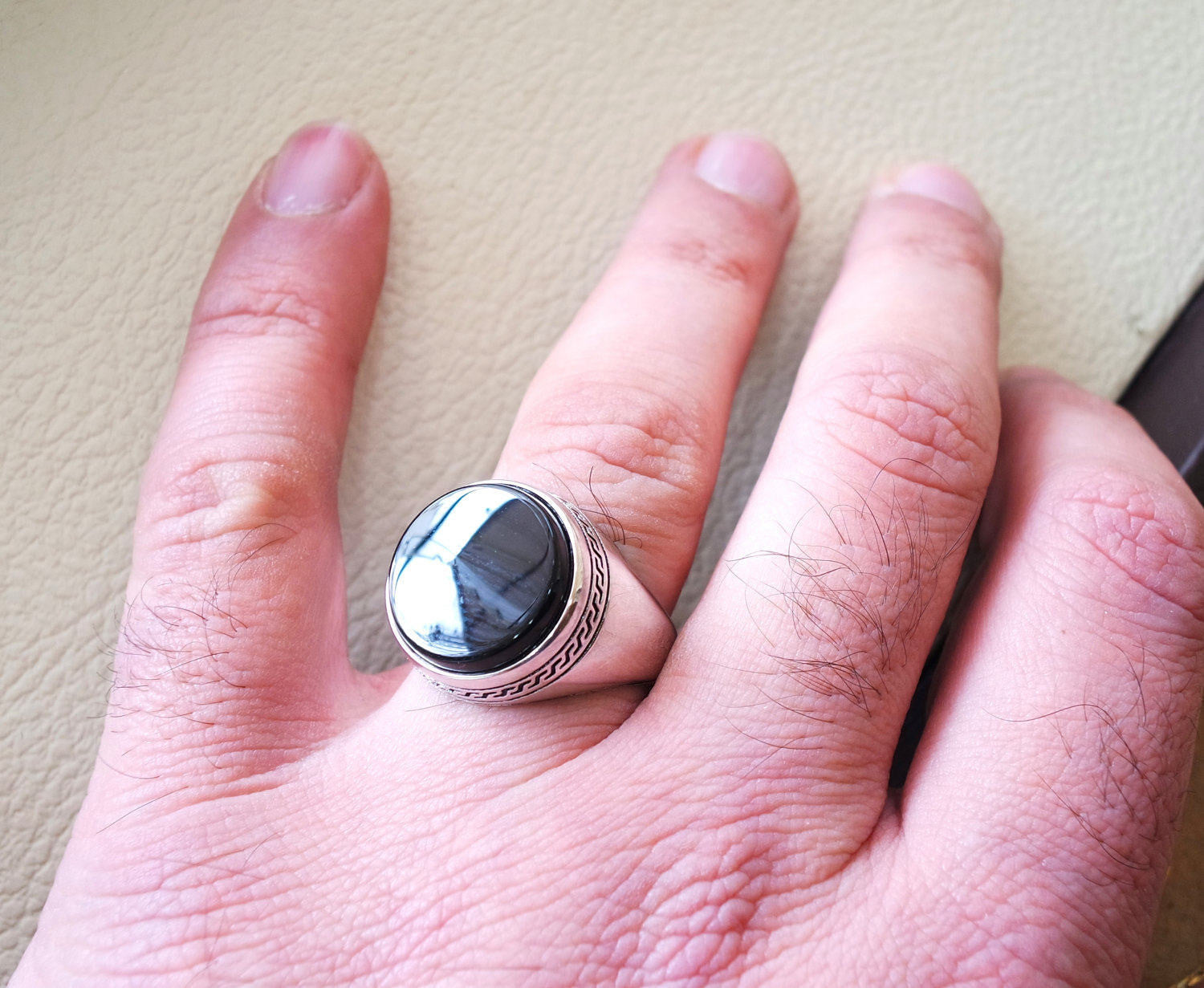 aqeeq natural agate onyx stone round black flat gem man ring high quality sterling silver arabic middle eastern turkey style fast shipping