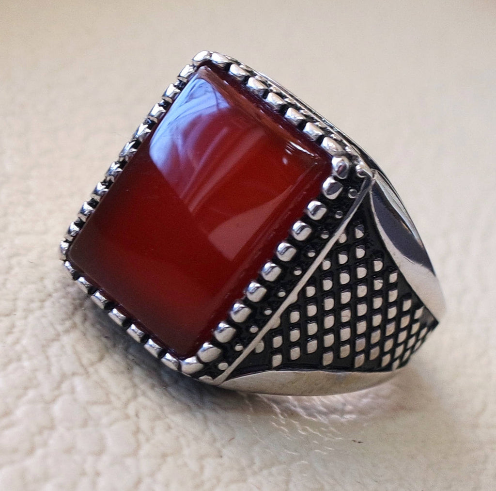 Men ring rectangular silver aqeeq flat natural semi precious agate carnelian gemstone  sterling silver 925 jewelry all sizes fast shipping