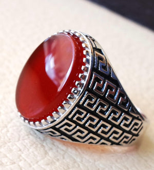 man ring sterling silver 925 aqeeq natural flat agate carnelian semi precious stone oval red cabochon gem arabic middle eastern turkey style