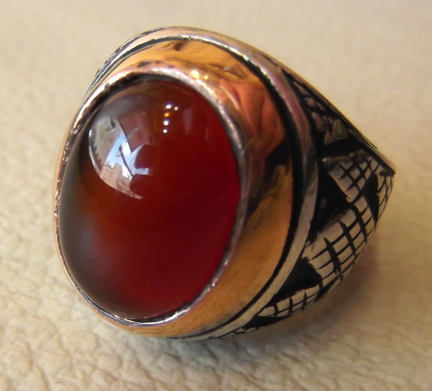 aqeeq carnelian agate cabochon oval red stone sterling silver 925 men ring arabic turkish middle eastern ottoman style jewelry bronze frame