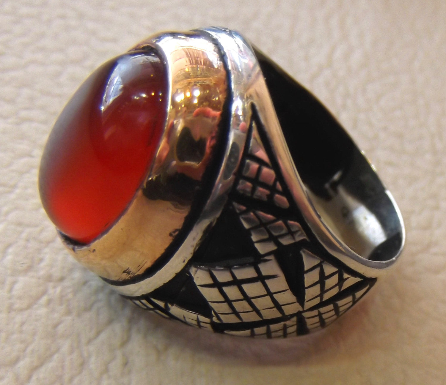 aqeeq carnelian agate cabochon oval red stone sterling silver 925 men ring arabic turkish middle eastern ottoman style jewelry bronze frame