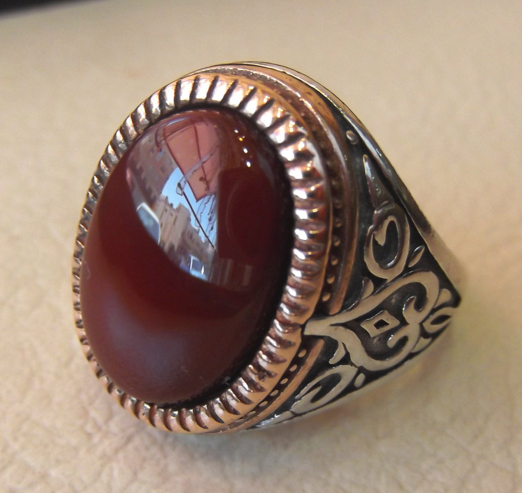 agate carnelian natural stone red yemen aqeeq sterling silver men ring 925 vintage arabic turkish bronze frame jewelry all sizes