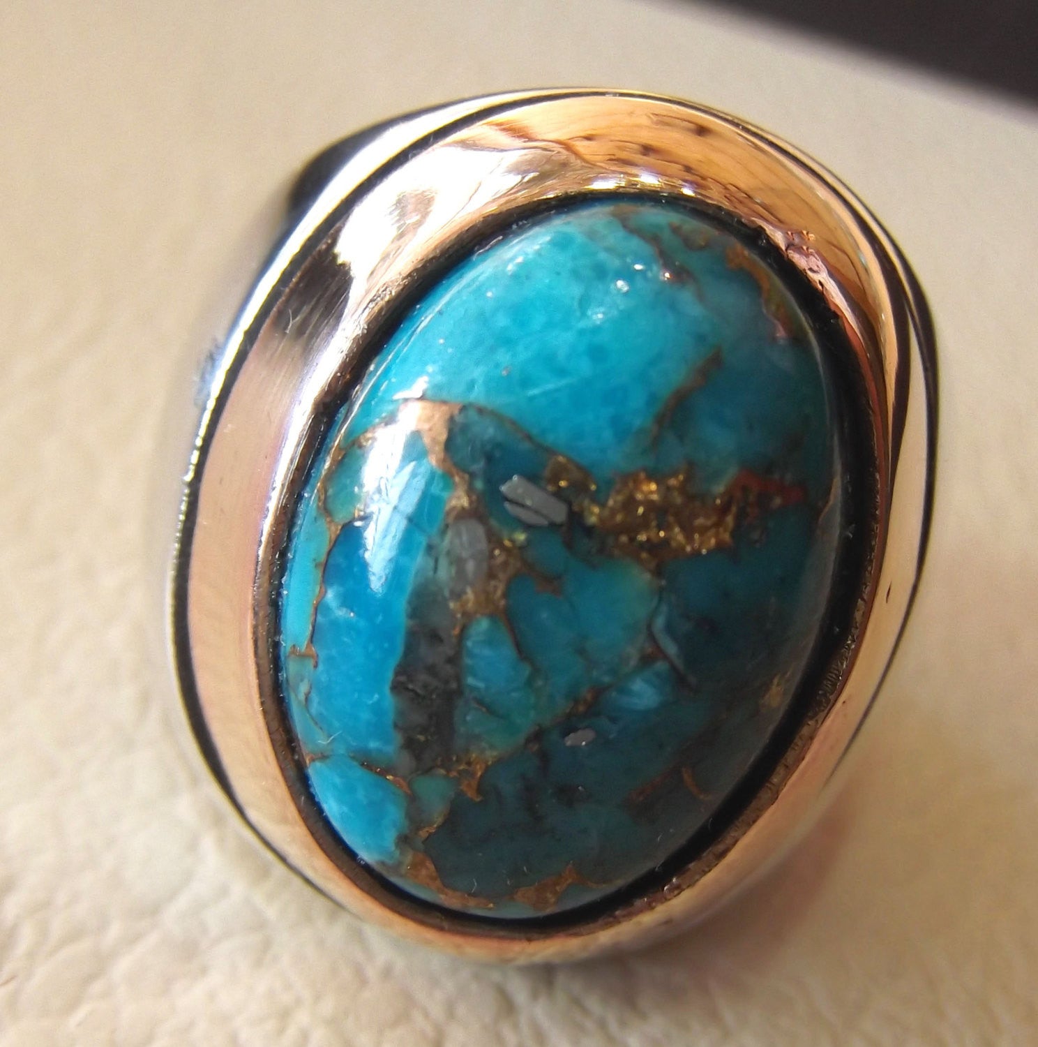 copper turquoise natural stone men sterling silver 925 ring oval cabochon semi precious gem bronze frame ottoman style all sizes jewelry