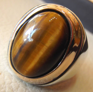 men ring tiger eye cat eye natural cabochon semi precious oval stone ottoman antique arabic style two tone sterling silver 925  any size