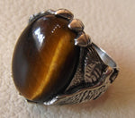 Tiger eye cat eye semi precious natural stone gem oval cabochon eagle man ring sterling silver 925 any size fast shipping jewelry oxidized