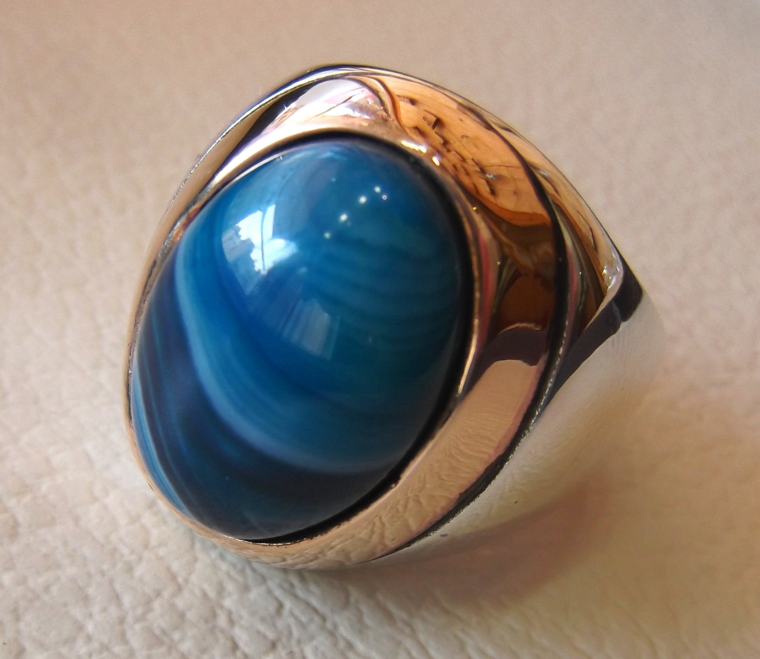 blue agate striped oval cabochon huge man ring sterling silver 925 bronze frame all sizes two tone jewelry arabic middle eastern style
