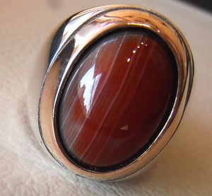 agate carnelian natural red yemen aqeeq sterling silver man heavy ring 925 arabic bronze frame striped cabochon all sizes fast shipping