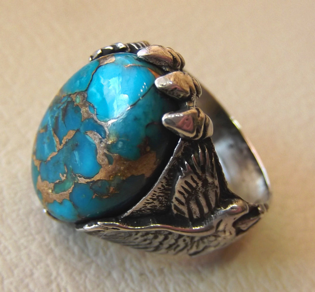 eagle ring natural copper turquoise stone semi precious oval cabochon blue gem all sizes animal men sterling silver jewelry fast shipping