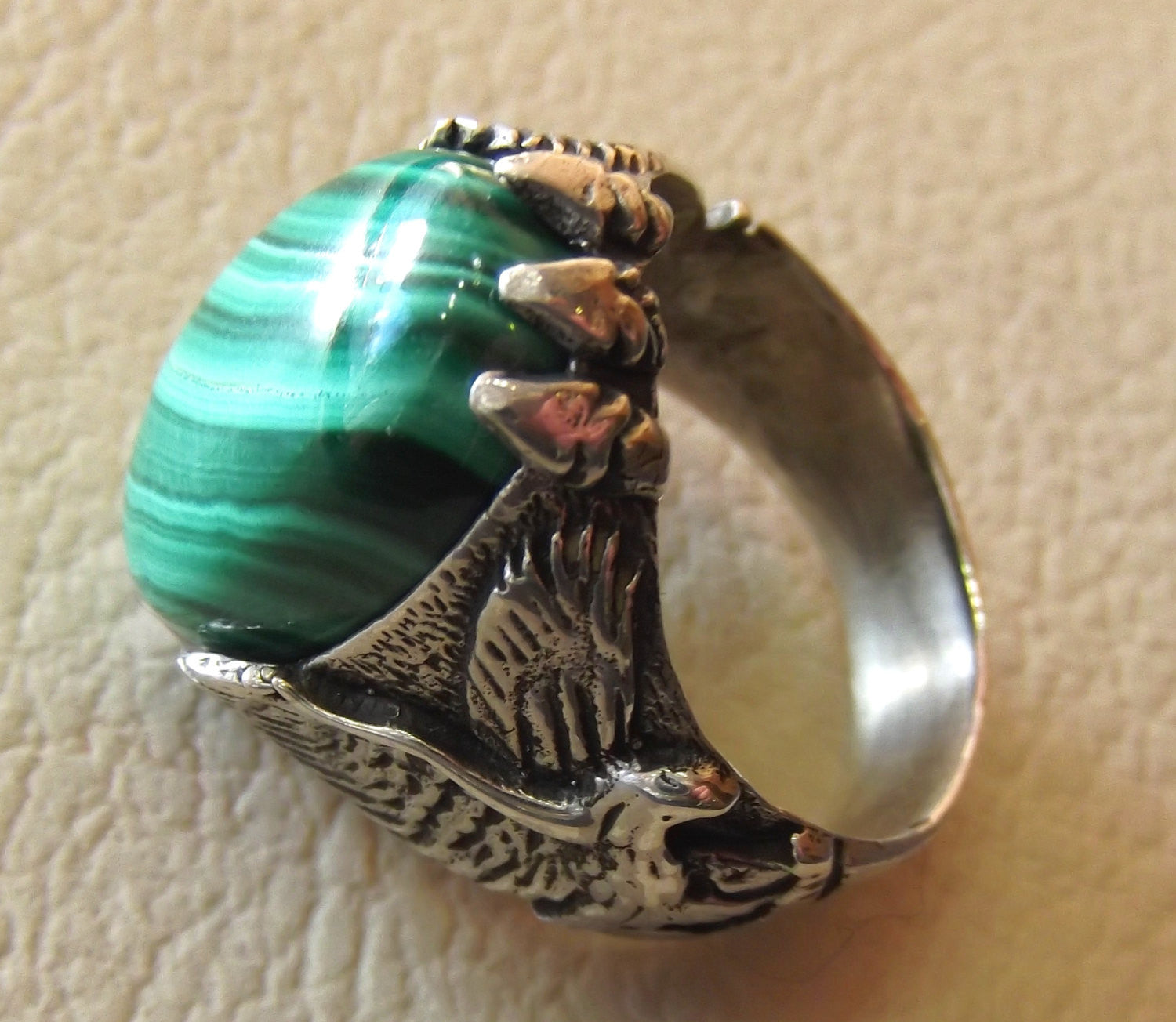 malachite natural green gemstone oval cabochon stone eagle ring sterling silver 925 semi precious any size jewelry man gift fast shipping
