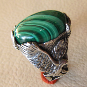 malachite natural green gemstone oval cabochon stone eagle ring sterling silver 925 semi precious any size jewelry man gift fast shipping