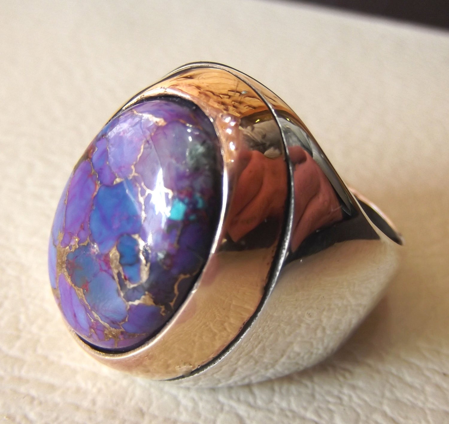 purple mohave copper turquoise natural stone men sterling silver 925 ring oval cabochon semi precious gem bronze frame  all sizes jewelry