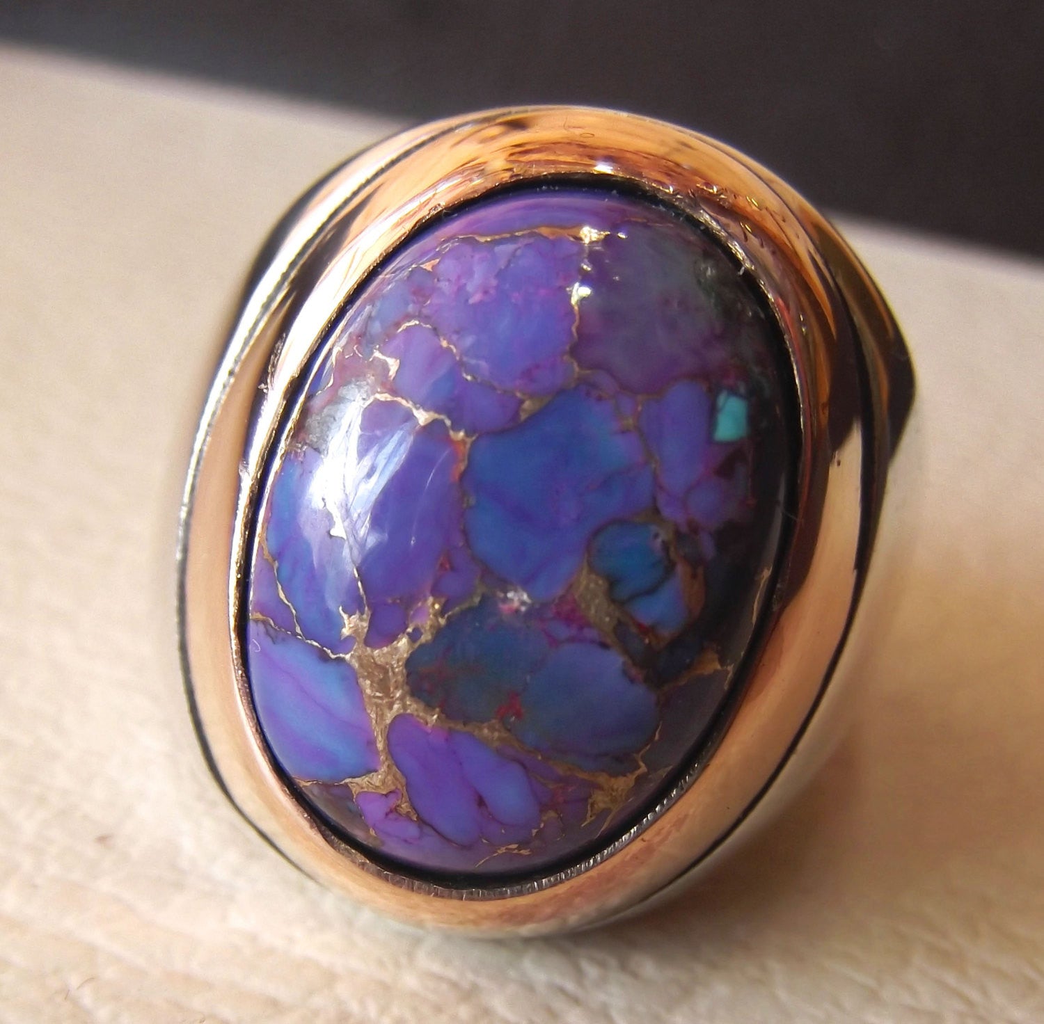 purple mohave copper turquoise natural stone men sterling silver 925 ring oval cabochon semi precious gem bronze frame  all sizes jewelry