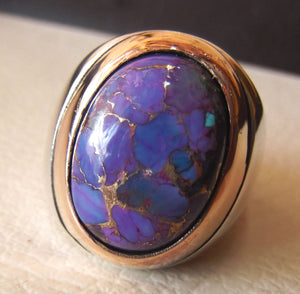 purple mohave copper turquoise natural stone men sterling silver 925 ring oval cabochon semi precious gem bronze frame  all sizes jewelry