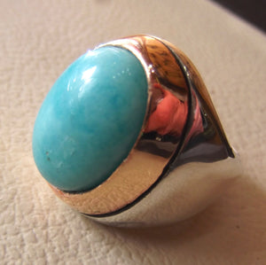 amazonite sky blue natural semi precious gem oval cabochon stone bronze frame sterling silver 925 man ring all sizes fast shipping jewelry