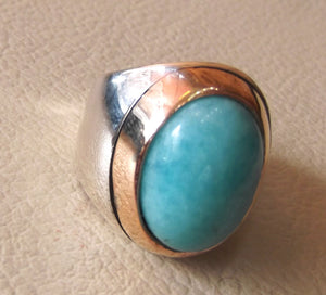 amazonite sky blue natural semi precious gem oval cabochon stone bronze frame sterling silver 925 man ring all sizes fast shipping jewelry