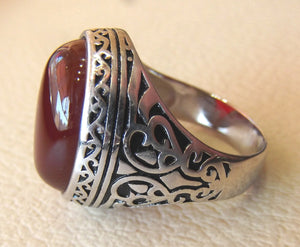 aqeeq natural liver agate carnelian semi precious stone oval red cabochon gem man ring sterling silver arabic middle eastern turkey style