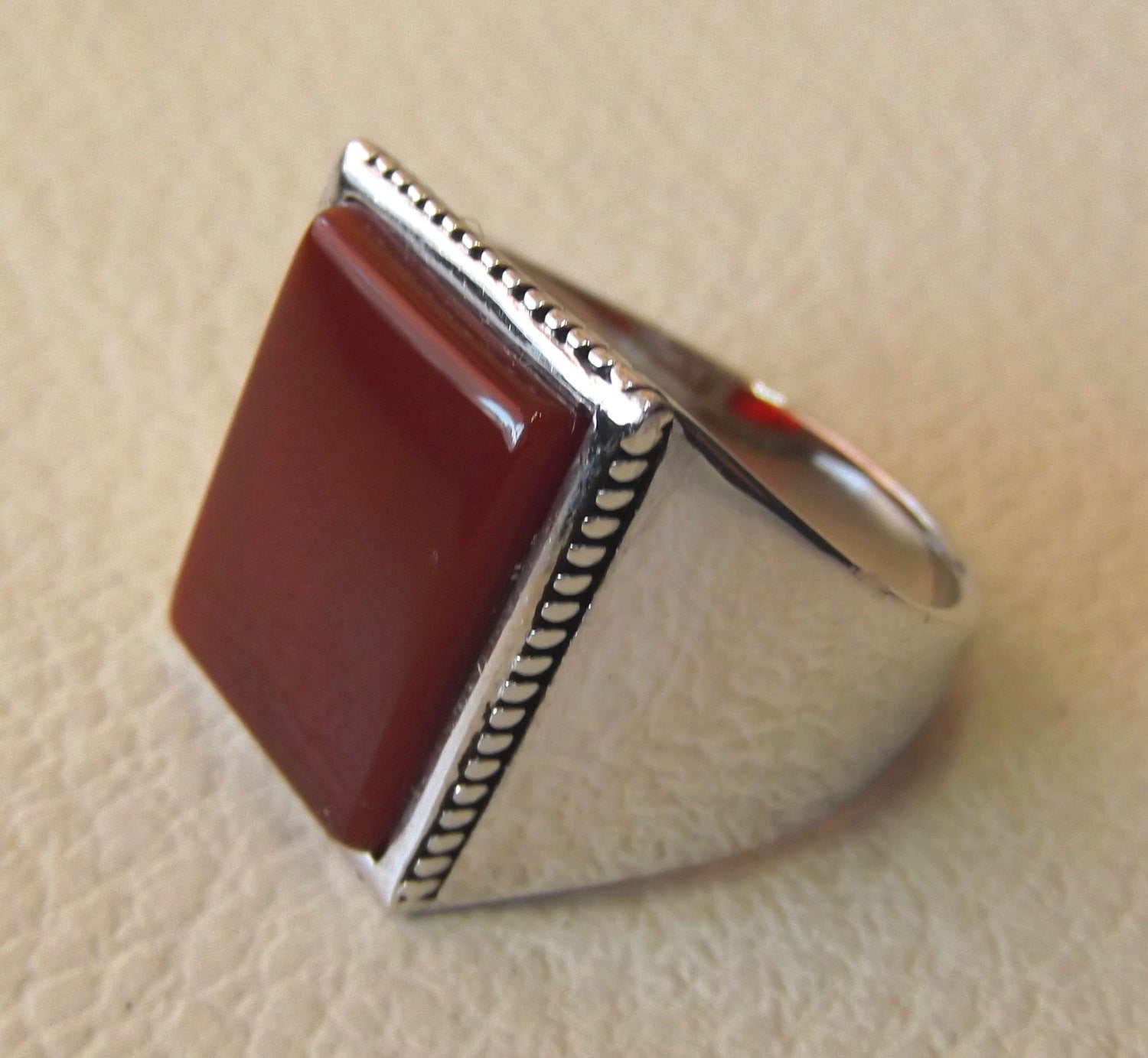 Rectangular silver aqeeq flat natural semi precious agate carnelian gemstone men ring sterling silver 925 jewelry all sizes fast shipping