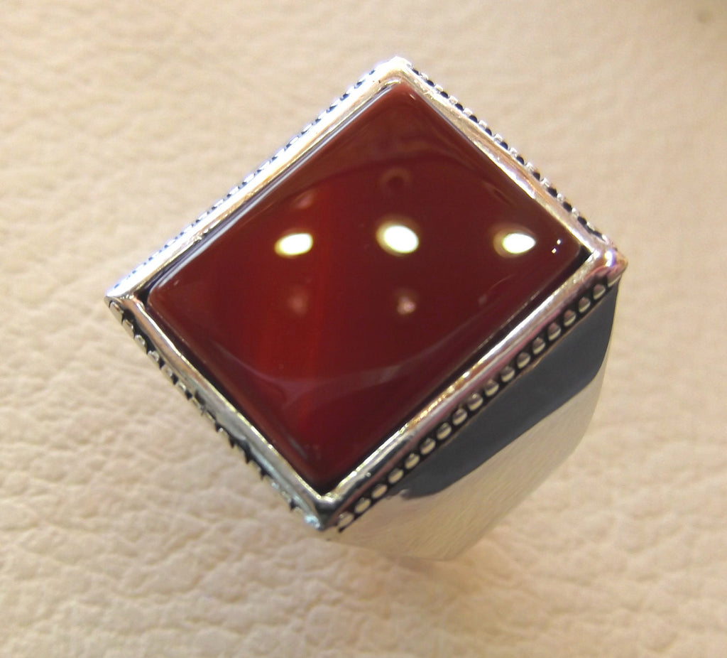 Rectangular silver aqeeq flat natural semi precious agate carnelian gemstone men ring sterling silver 925 jewelry all sizes fast shipping