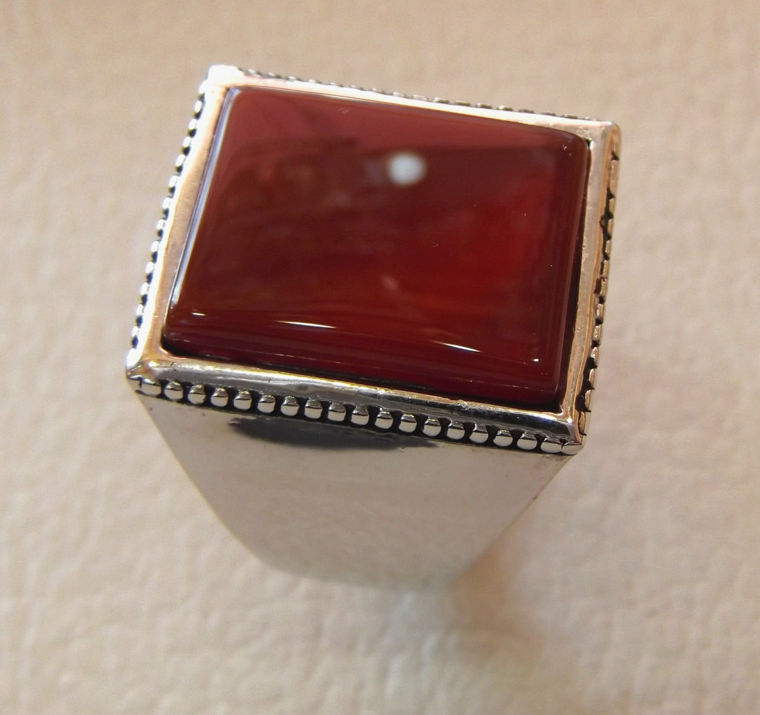 Rectangular silver aqeeq flat natural semi precious agate carnelian gemstone men ring sterling silver 925 jewelry all sizes fast shipping