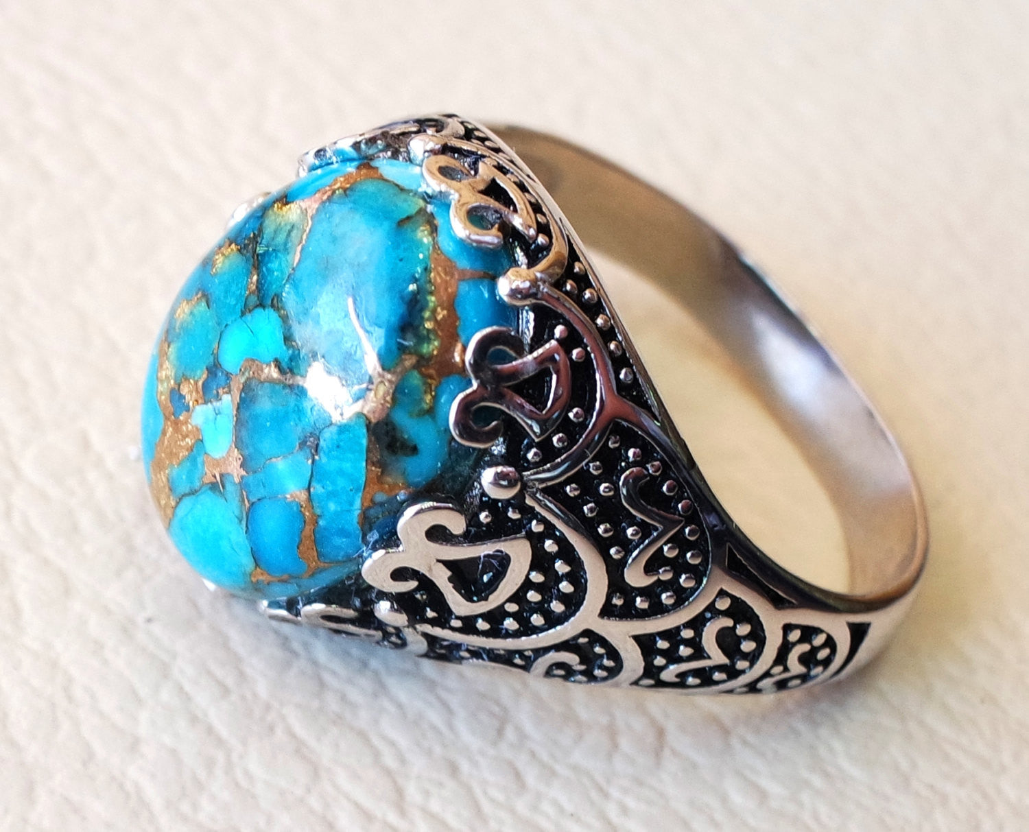 natural copper turquoise stone sterling silver 925 man ring blue semi precious high quality cabochon antique arabic ottoman style any size