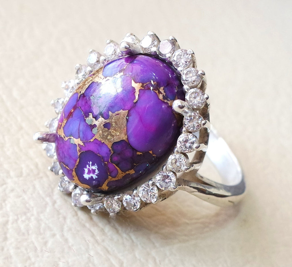 women ring copper purple turquoise entourage white cubic zircon sterling silver 925 all sizes highest quality natural oval cabochon stone