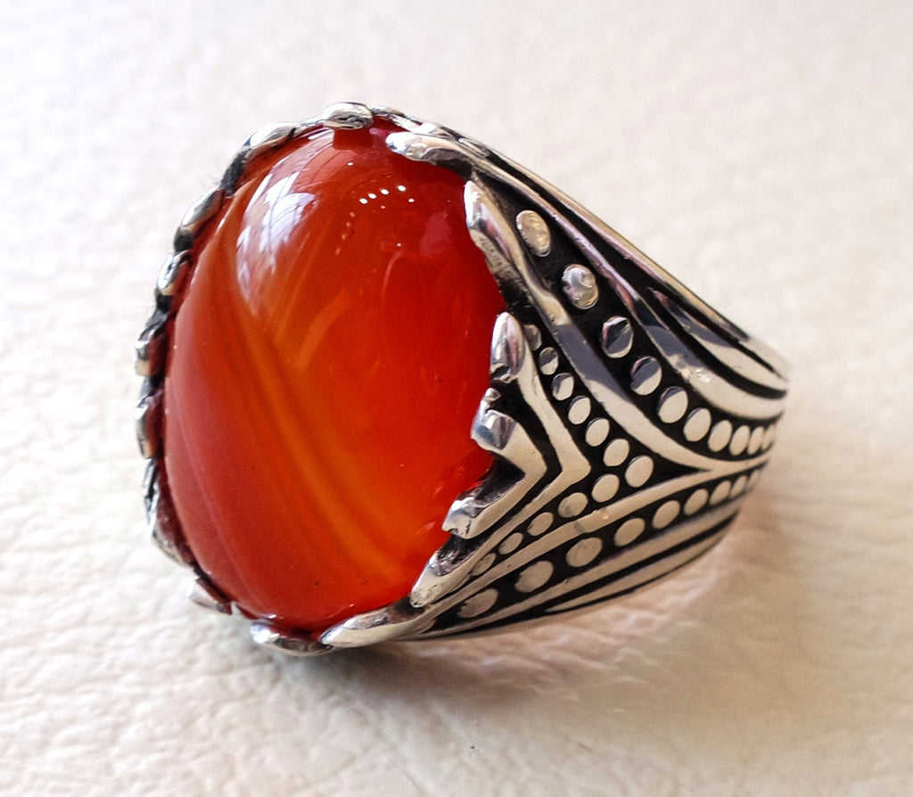 striped agate aqeeq stone red carnelian semi precious men ring all sizes antique ottoman middle eastern jewelry oval cabochon fast shipping