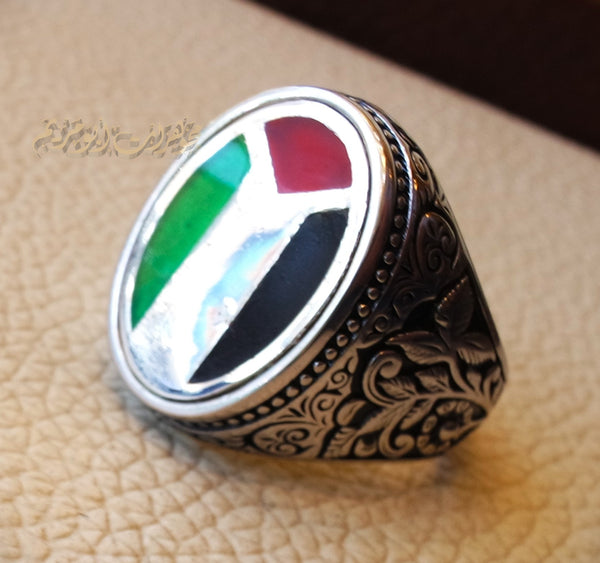Palestine flag man ring 2 sterling silver and color enamel Arabic midd ...