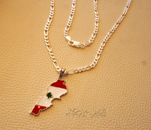Lebanon map pendant with thick chain cedar tree flag colors sterling silver 925 k high quality jewelry Arabic fast shipping خريطة لبنان