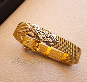Men / women bracelet stainless steel yellow gold color 10 mm width , silver 925 Palestine map pendant with famous poem sizable