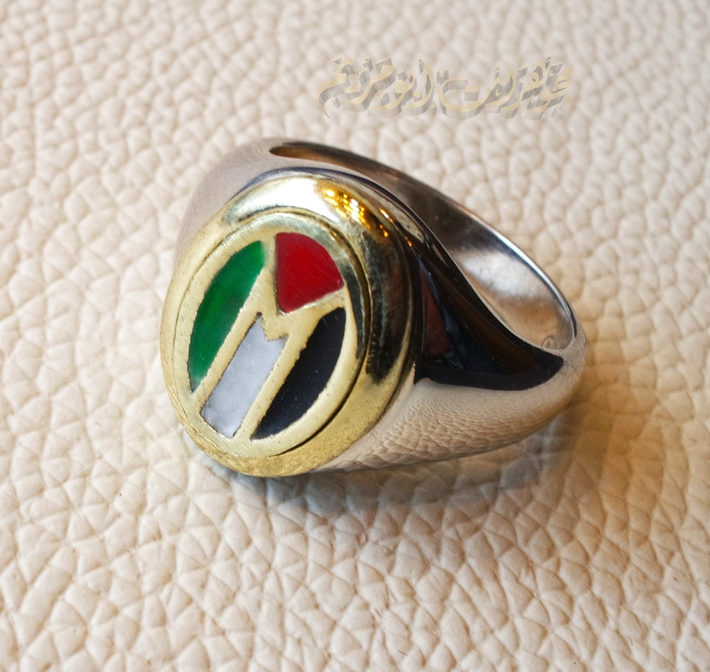 Palestine flag man heavy ring sterling silver and color enamel Arabic bronze frame and ring face style fast shipping all sizes