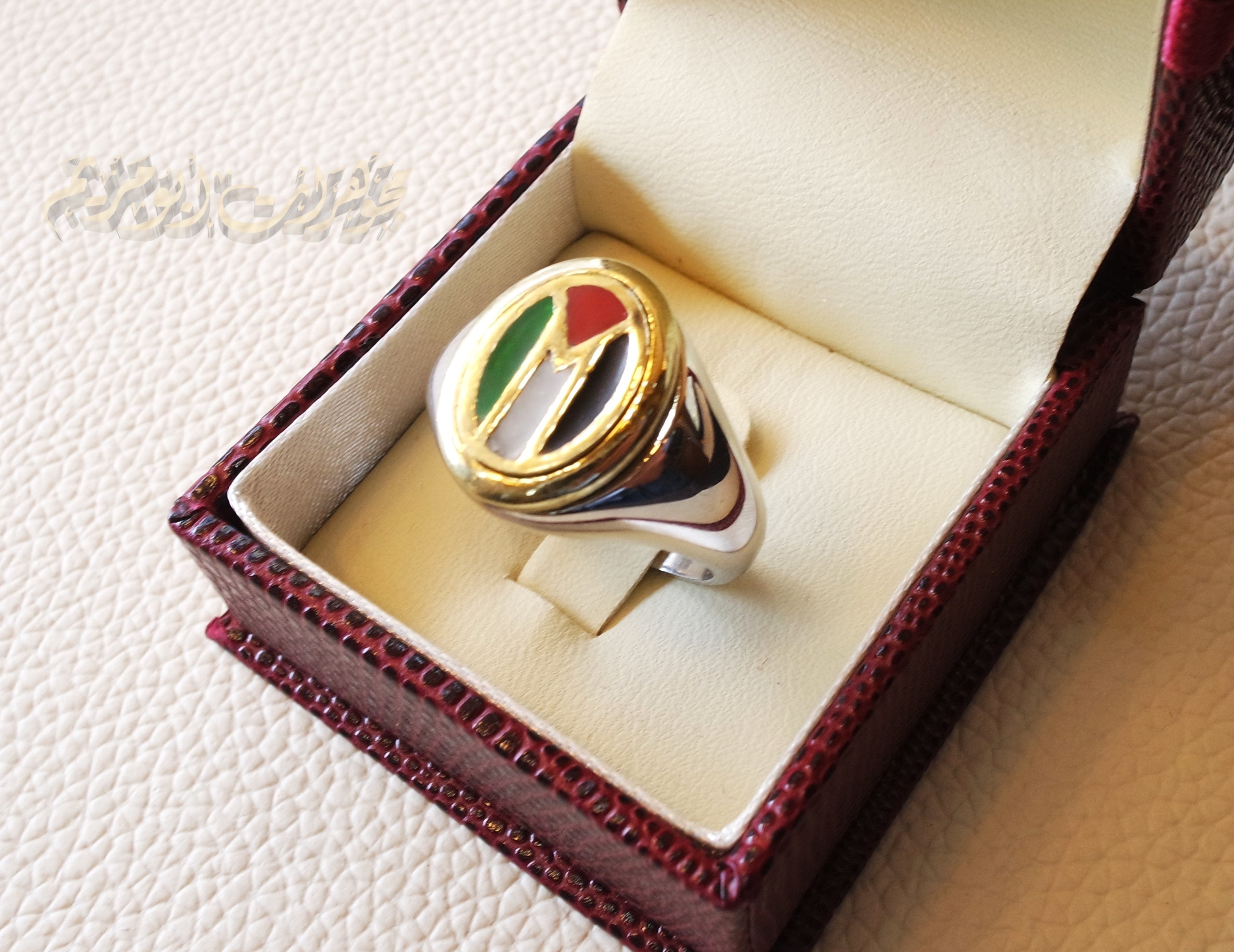 Palestine flag man heavy ring sterling silver and color enamel Arabic bronze frame and ring face style fast shipping all sizes