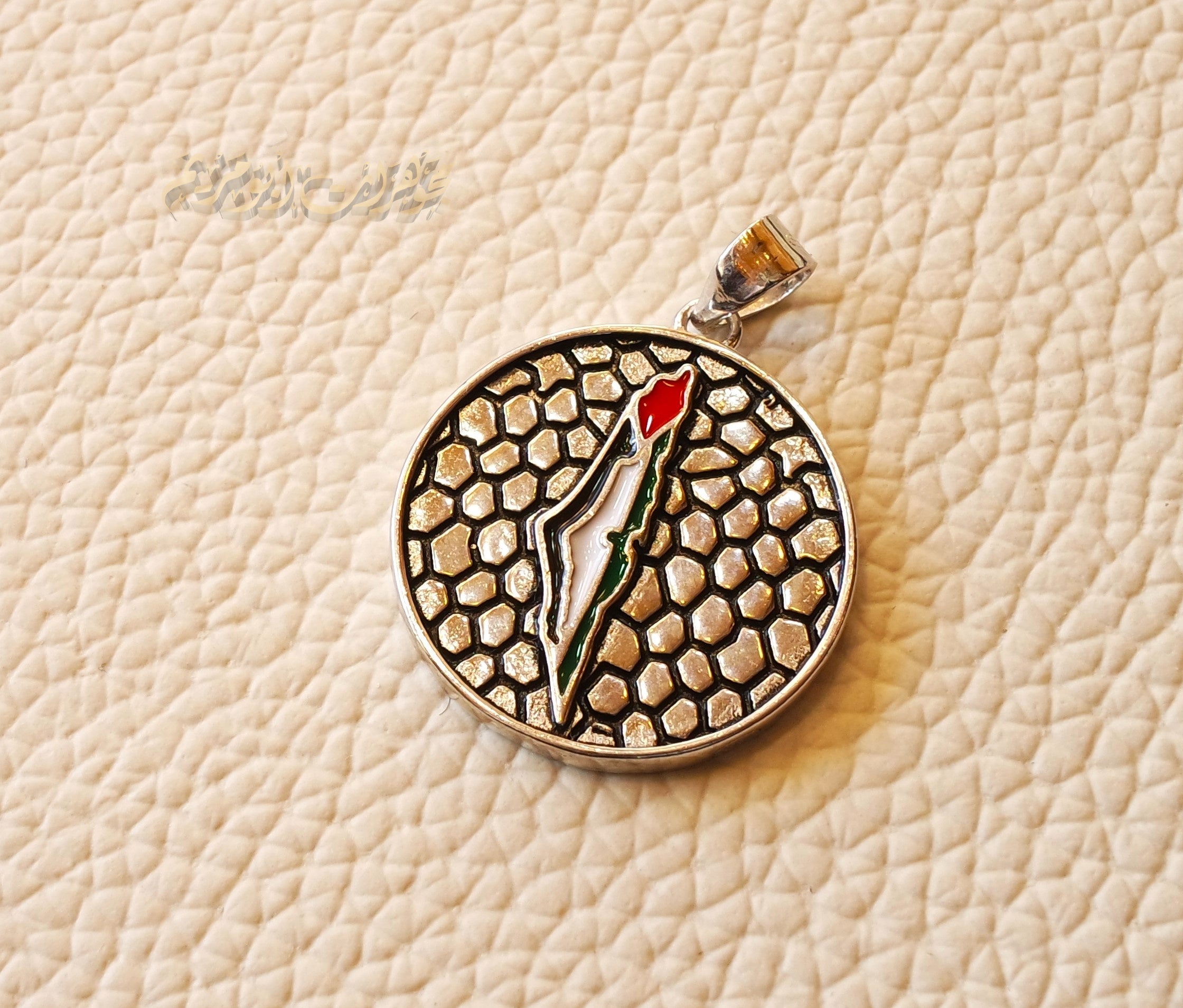Palestine map flag round double face pendant sterling silver 925 enamel colorful jewelry Arabic خارطه و علم فلسطين