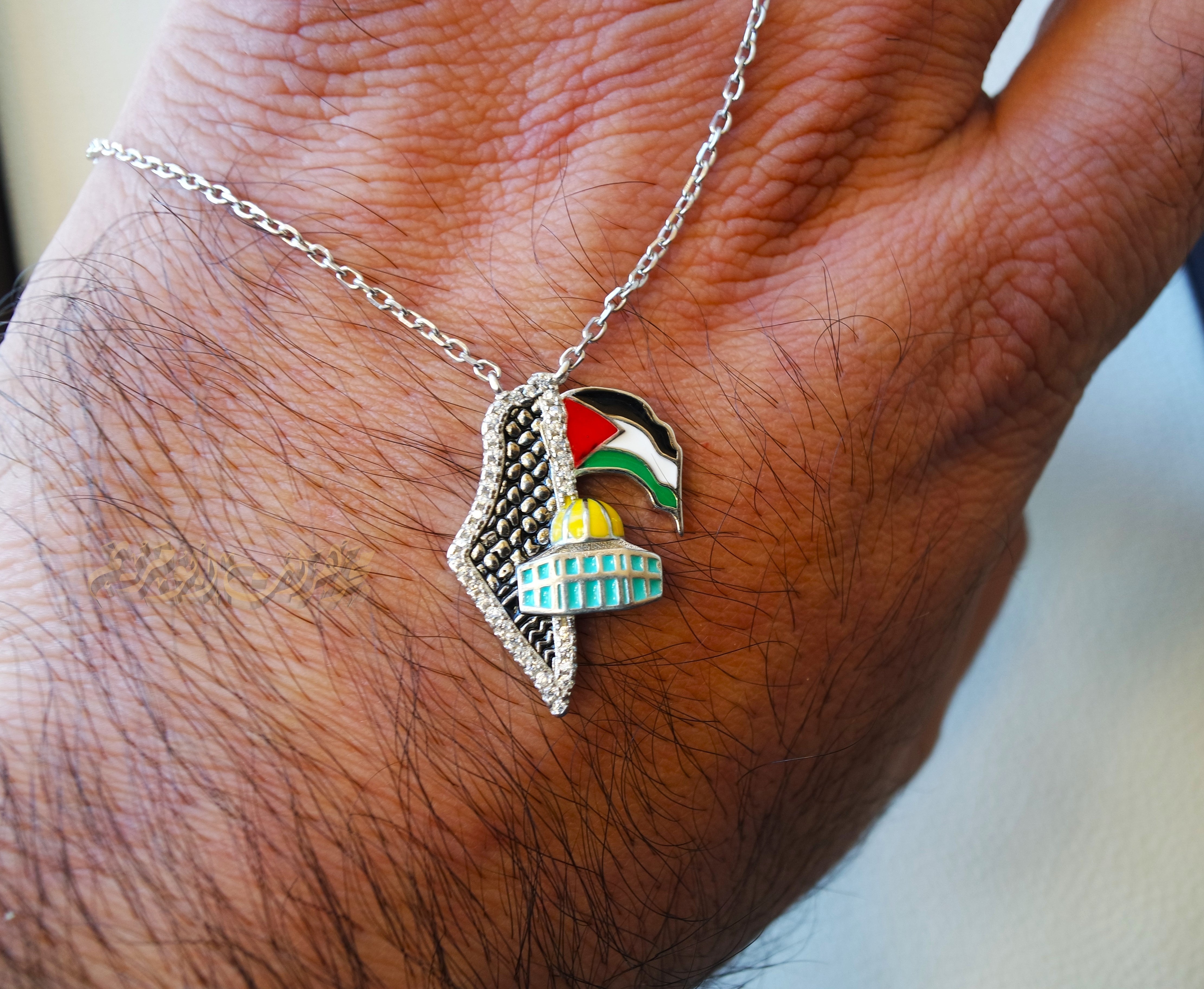 Palestine map Aqsa colorful enamel flag necklace 2 sterling silver