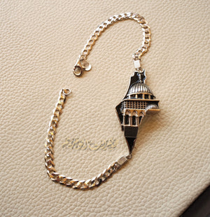 Big Palestine map with Aqsa mosque men women bracelet with thick chain 2 sterling silver 925 white , black jewelry Arabic خارطه وعلم فلسطين