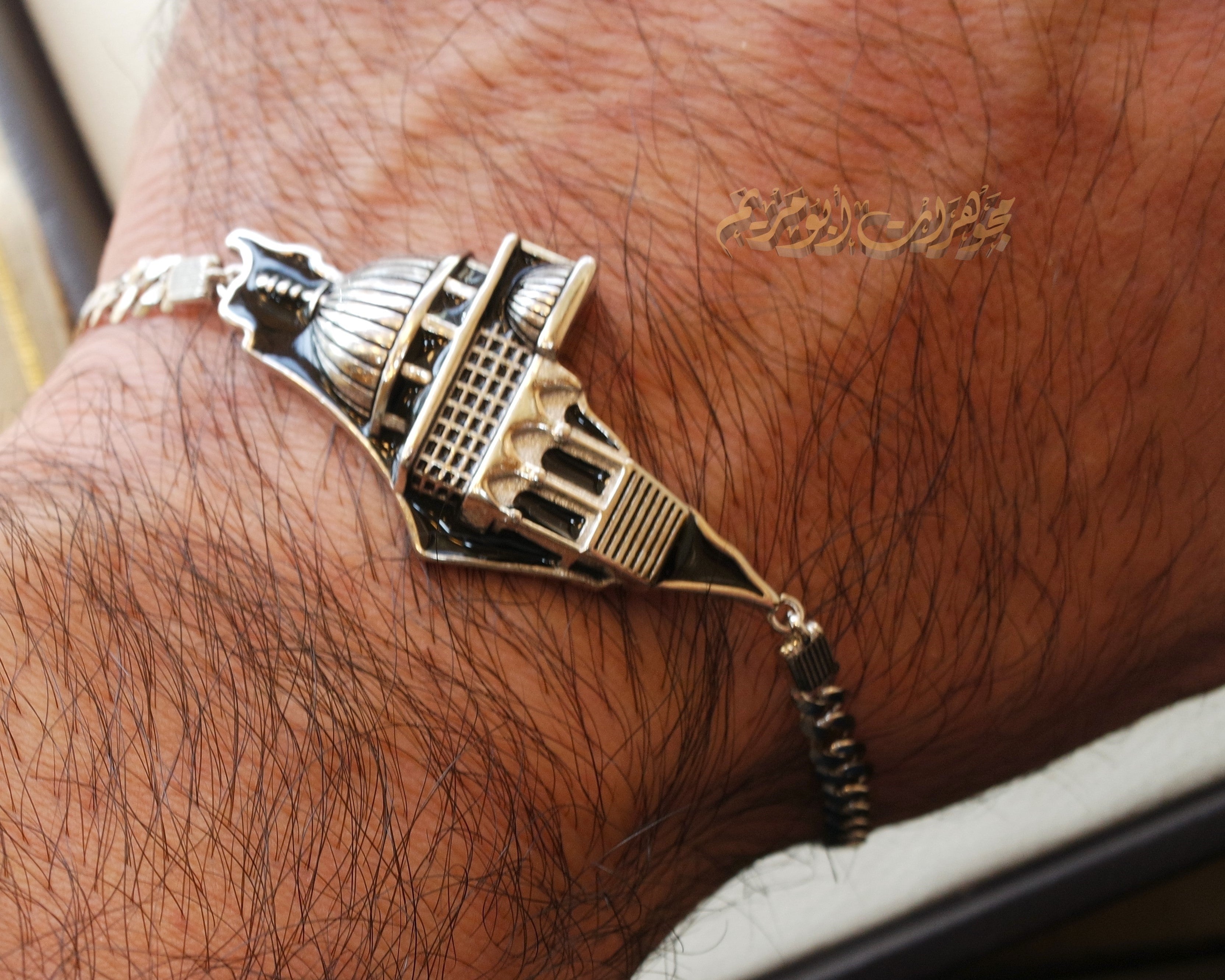 Big Palestine map with Aqsa mosque men women bracelet with thick chain 2 sterling silver 925 white , black jewelry Arabic خارطه وعلم فلسطين