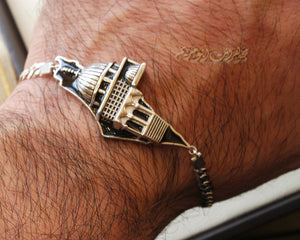 Big Palestine map with Aqsa mosque men women bracelet with thick chain 2 sterling silver 925 white , black jewelry Arabic خارطه وعلم فلسطين