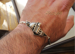 Big Palestine map with Aqsa mosque men women bracelet with thick chain 2 sterling silver 925 white , black jewelry Arabic خارطه وعلم فلسطين