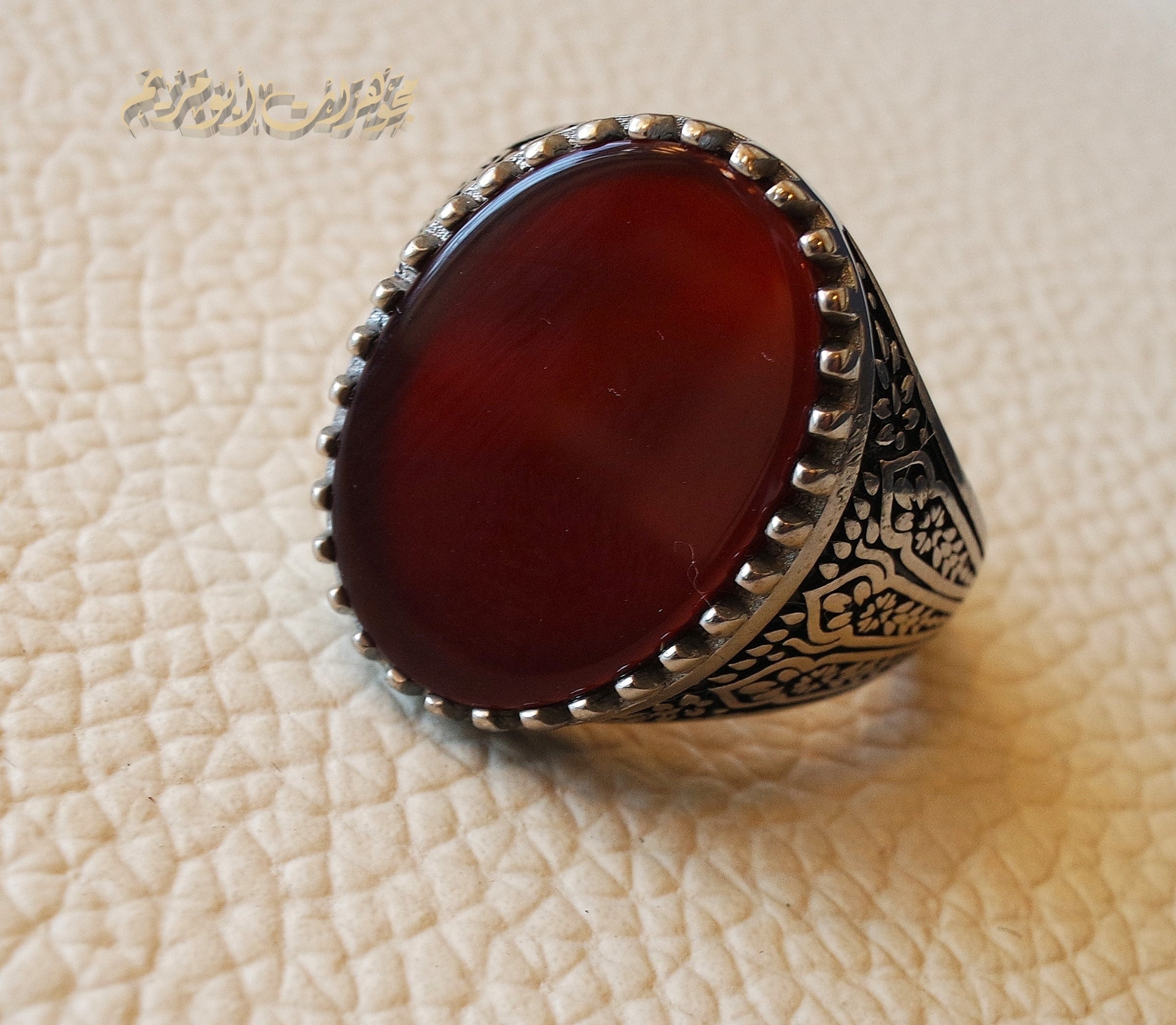 Striped aqeeq natural liver agate carnelian stone oval red flat gem man ring sterling silver Arabic middle eastern turkey style